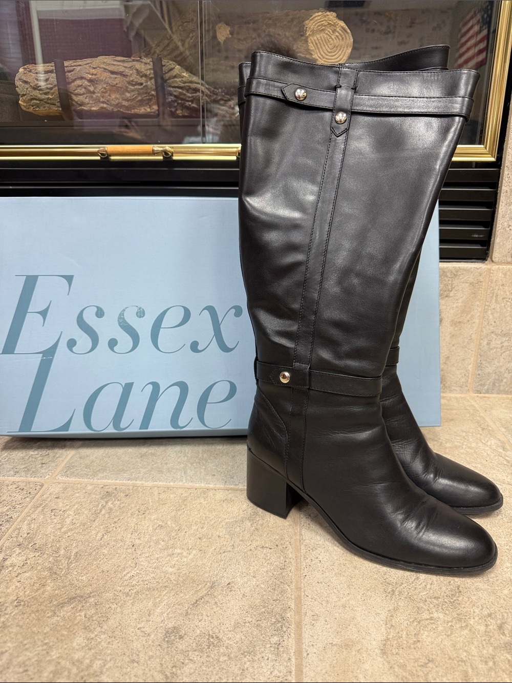 Essex Lane Black Leather Knee-High Block Heel Wide Calf Boots